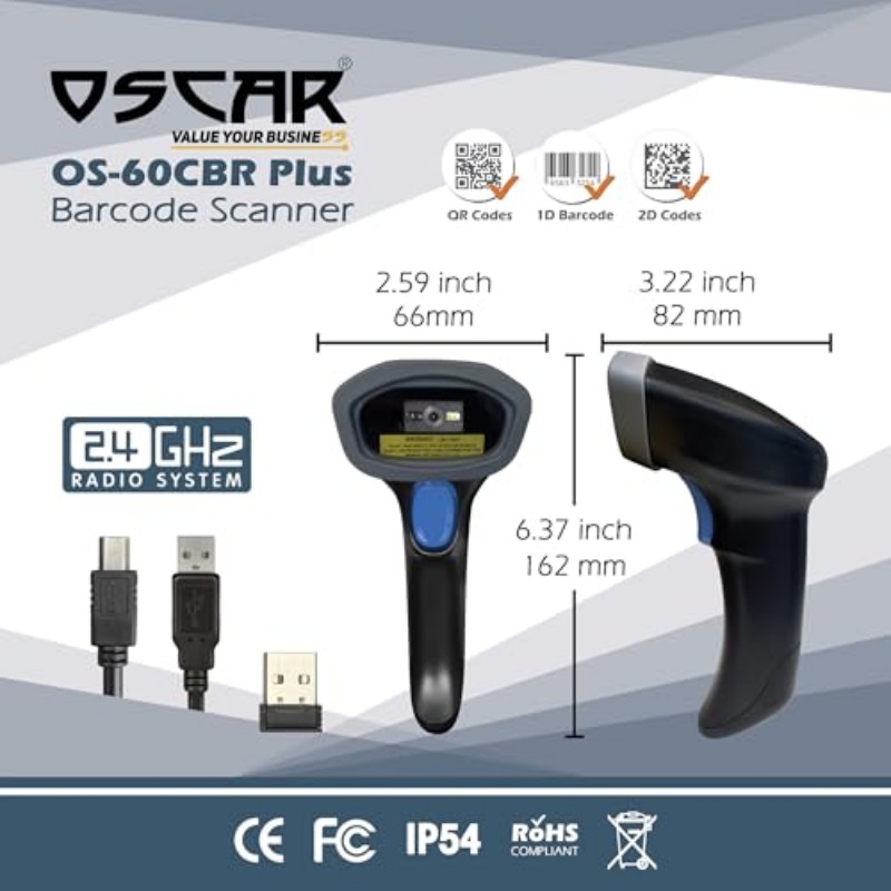 OSCAR OS-60CBR PLUS 2-in-1 Wired and Cordless Wireless, 160, 000 Memory, Rechargeable Barcode Scanner Area Imager 2D QR 1D, Range 30m, Warehouse, Retail, Office, POS, Scans Mobile Screen Black