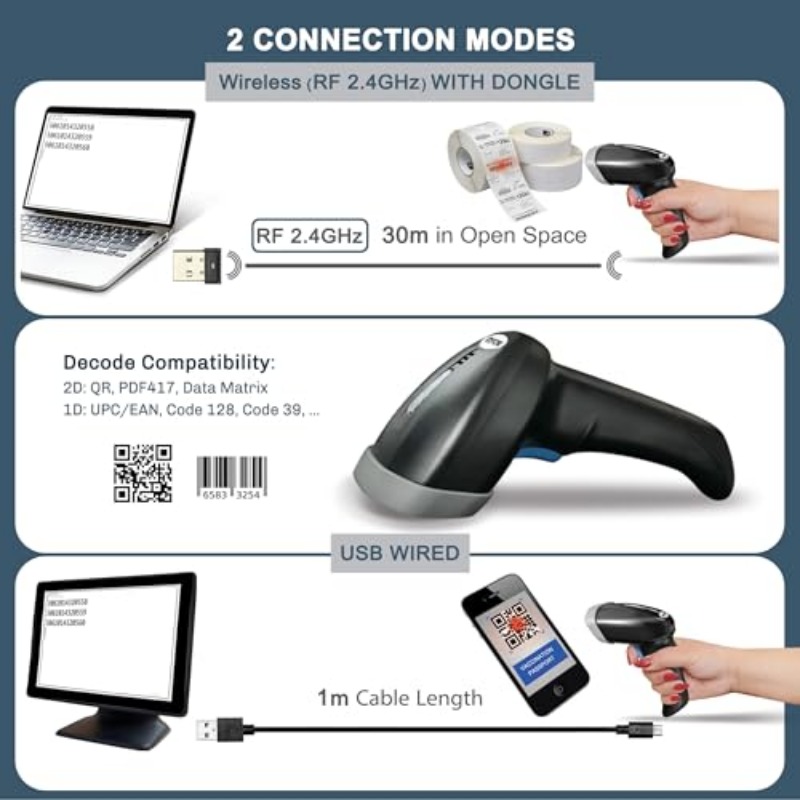 OSCAR OS-60CBR PLUS 2-in-1 Wired and Cordless Wireless, 160, 000 Memory, Rechargeable Barcode Scanner Area Imager 2D QR 1D, Range 30m, Warehouse, Retail, Office, POS, Scans Mobile Screen Black