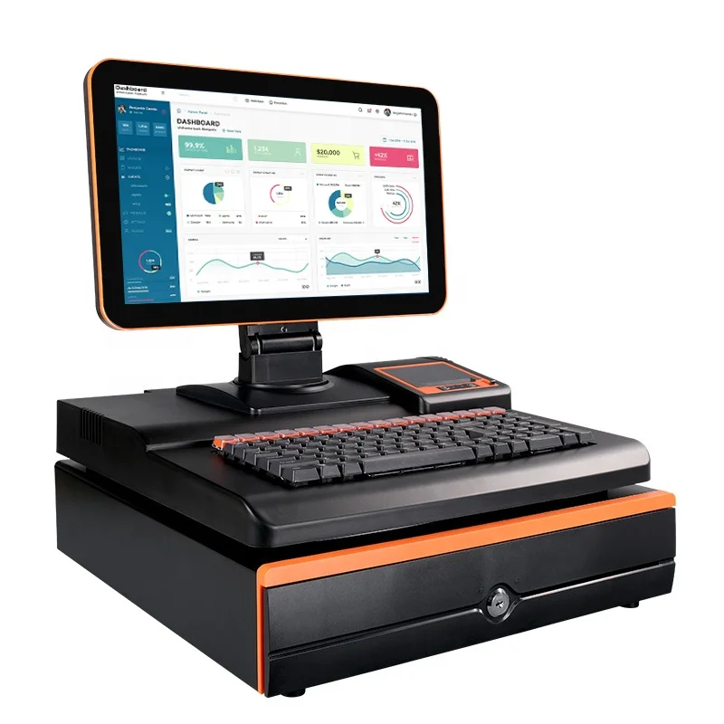 H1e55660885eb41889d88f1347e6dd94c9.webp 15.6inch Dual Screen Supermarket Cashier Cash Desk Checkout Counter Touch Automatic Payment Machine with Printer and Scanner