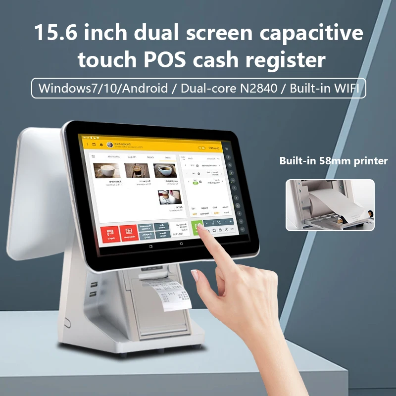 POS Machine System 15.6 Inch Dual Touch Screen Cash Register Machine 80mm Printer POS All in One Pc Terminal