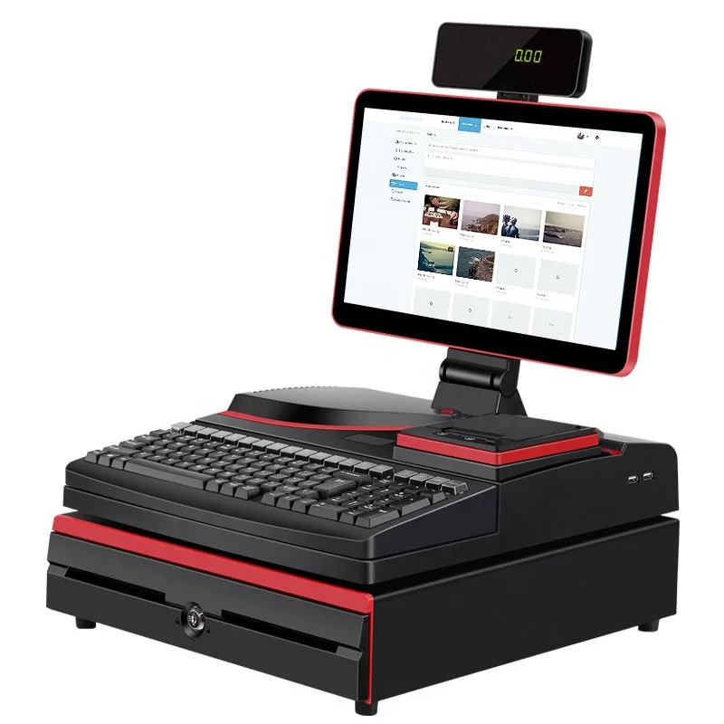 H5ec81ee0fd864e558d38389183100998X.webp 15.6inch Dual Screen Supermarket Cashier Cash Desk Checkout Counter Touch Automatic Payment Machine with Printer and Scanner