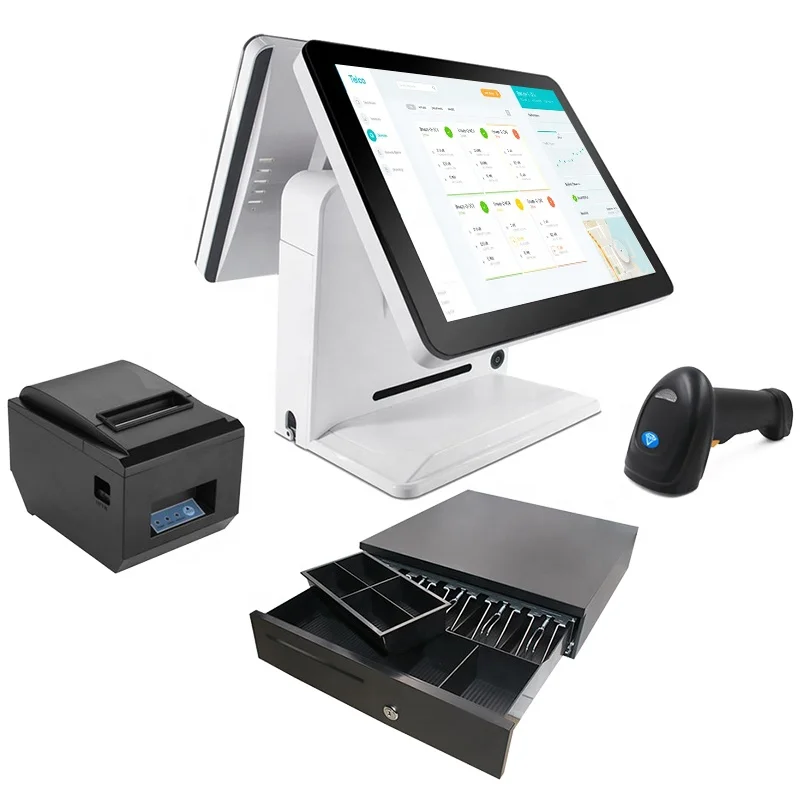 Hd81ef4ecd92e4ee4bd0576efeb08519fX.webp 15.6inch Dual Screen Supermarket Cashier Cash Desk Checkout Counter Touch Automatic Payment Machine with Printer and Scanner