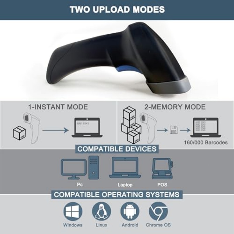 OSCAR OS-60CBR PLUS 2-in-1 Wired and Cordless Wireless, 160, 000 Memory, Rechargeable Barcode Scanner Area Imager 2D QR 1D, Range 30m, Warehouse, Retail, Office, POS, Scans Mobile Screen Black